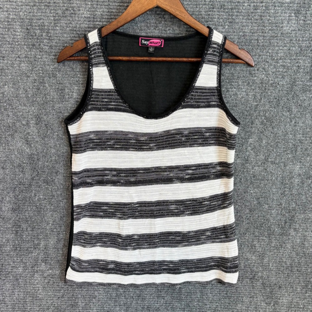 Say What? Womens Striped Knit Tank Top Black White Mesh Back Scoop Neck Small